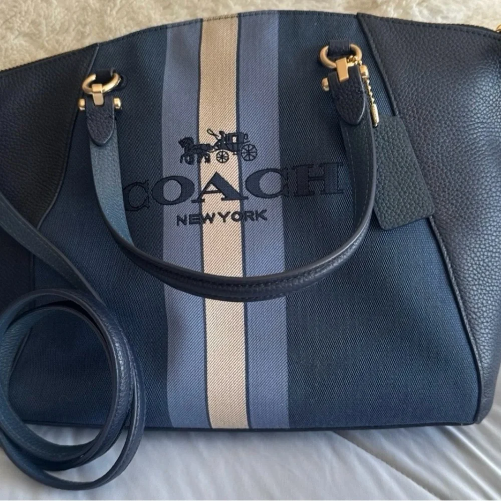 NEW! Coach Dark Blue and Cream Striped Tote - Picture 2 of 5